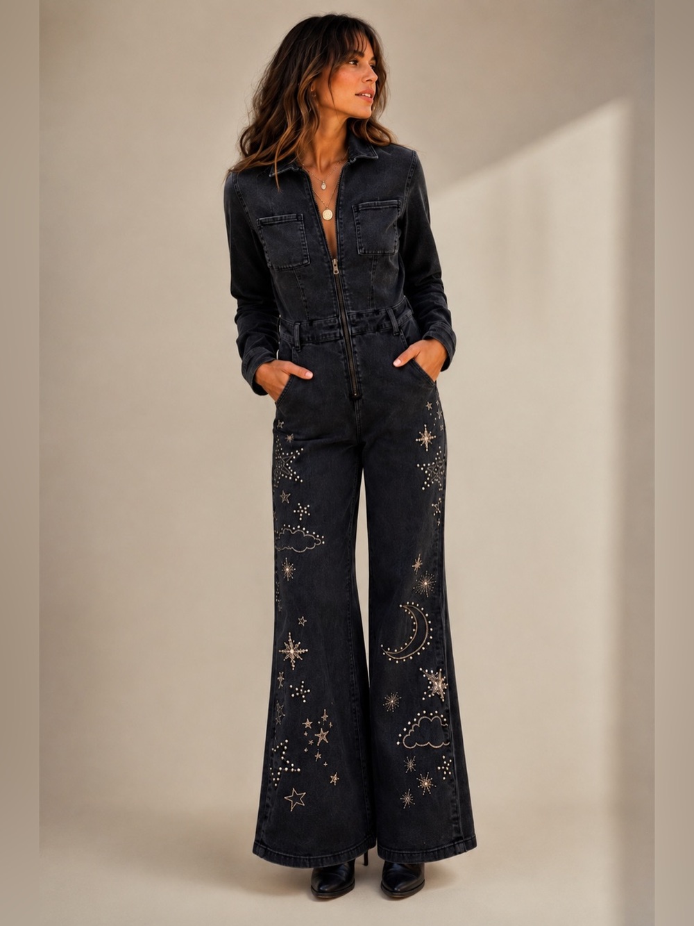 Driftwood Astral Celestial Embroidered Denim Jumpsuit in washed  Black M